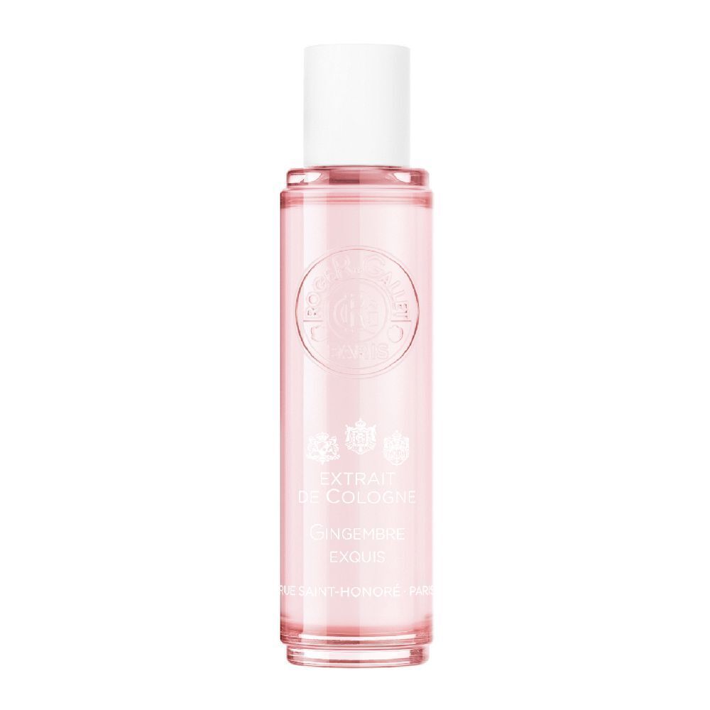 Flacon rose avec bouchon blanc. Inscription: Extrait de Cologne, Gingembre Exquis.