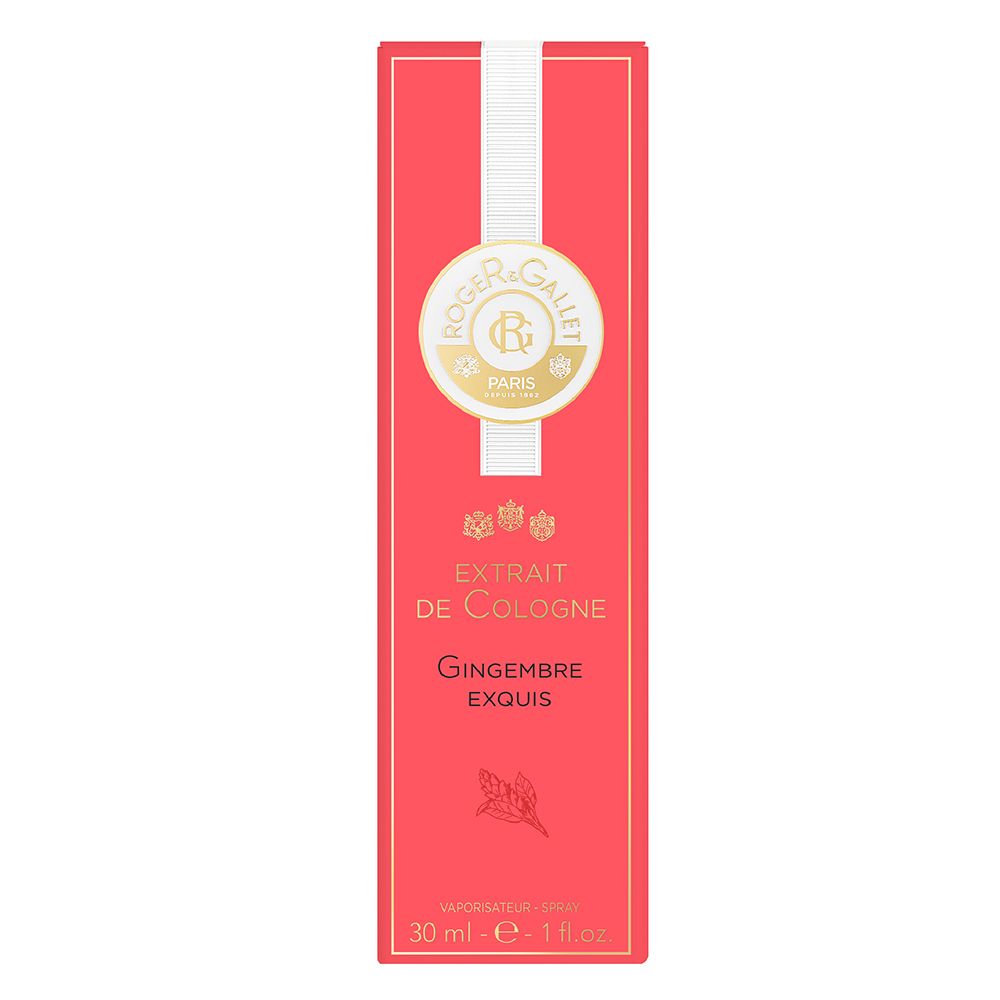 Boîte rouge avec bande blanche. Inscription: Extrait de Cologne, Gingembre Exquis.