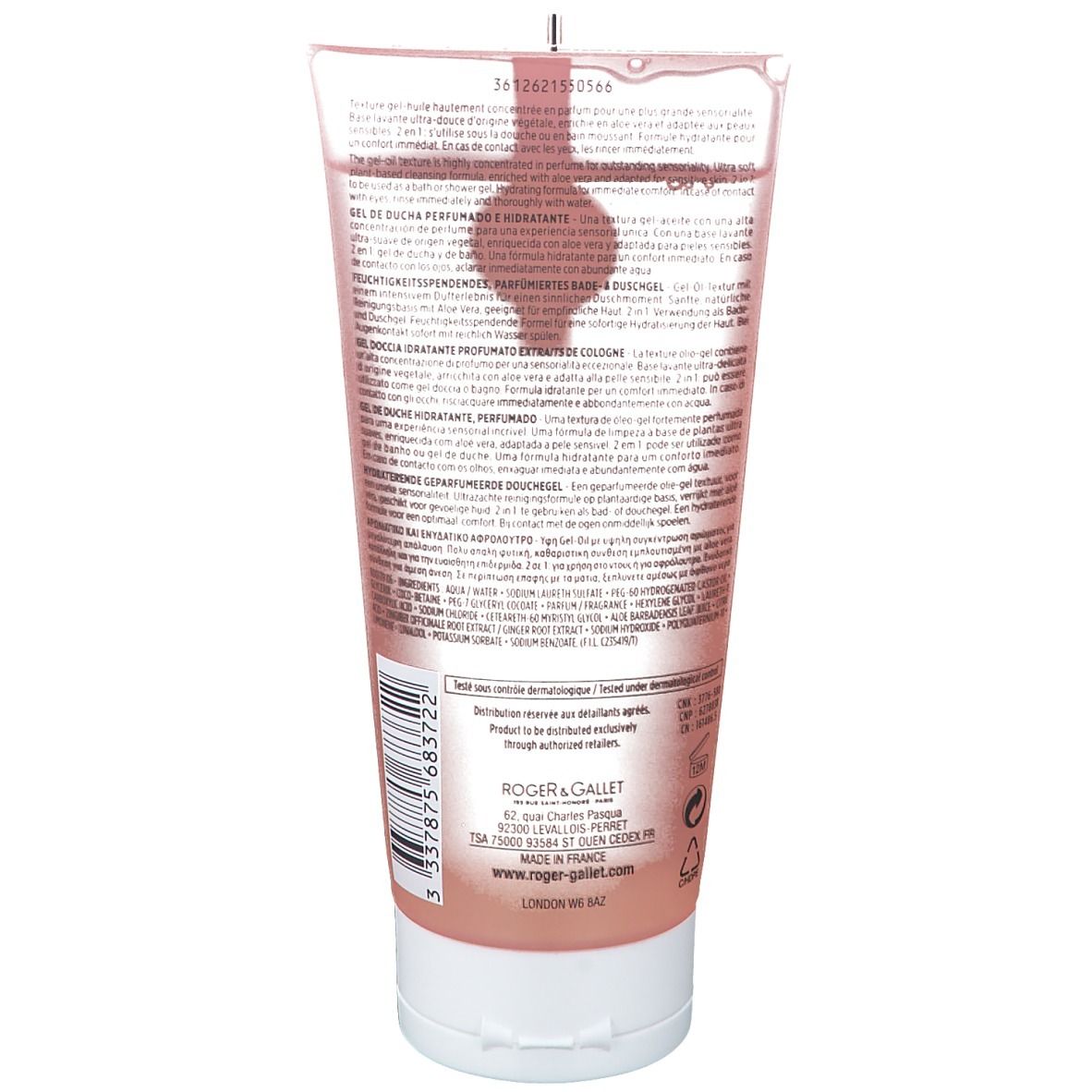 Dos du tube. Texte et code-barres sur l'étiquette. Liquide rose visible.