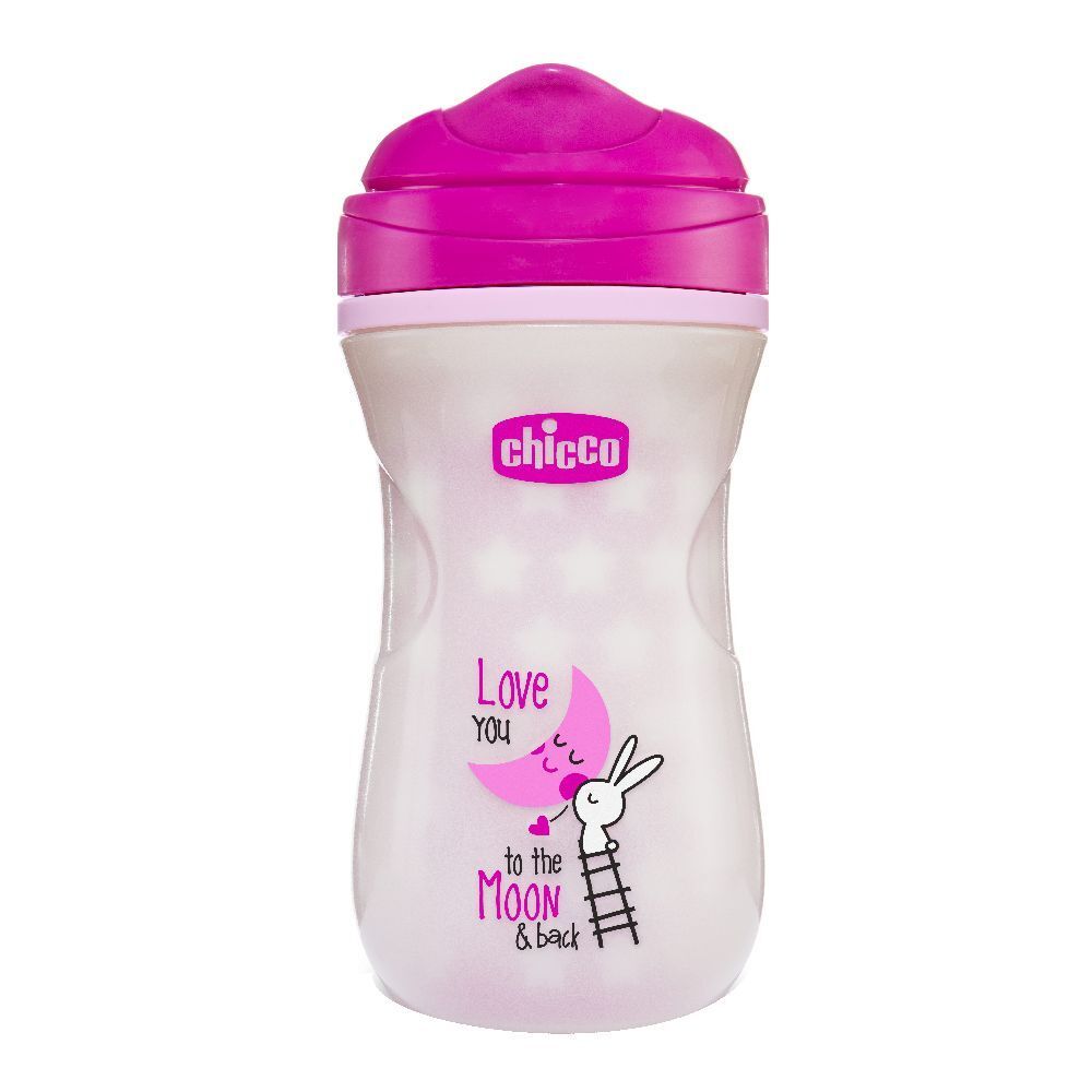 Tazza rosa con coperchio. Stampa con luna, stelle e coniglio. Marchio Chicco.
