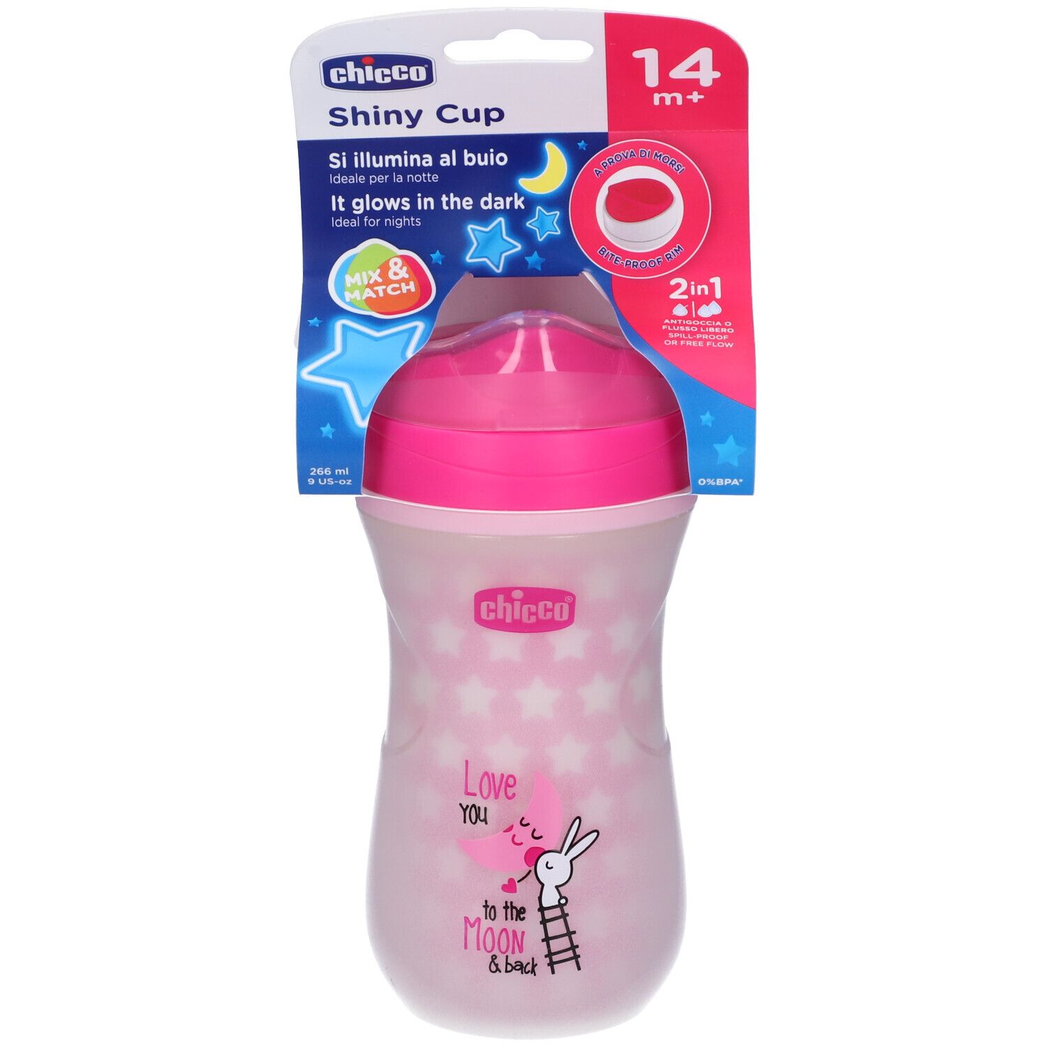 Tazza rosa con coperchio e confezione. Marchio Chicco. Testo: Shiny Cup, 14m+.