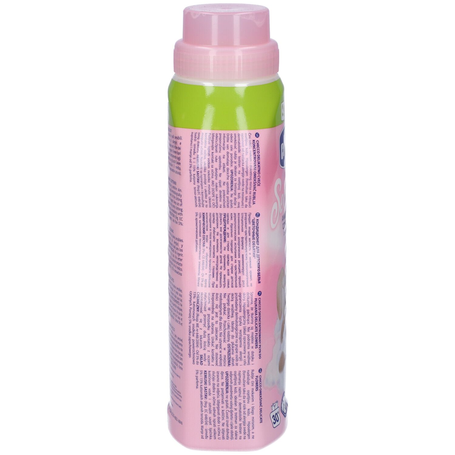 Flacone rosa con testo sul retro. Tappo verde. Scritta: Chicco Sensitive, Ammorbidente Concentrato.