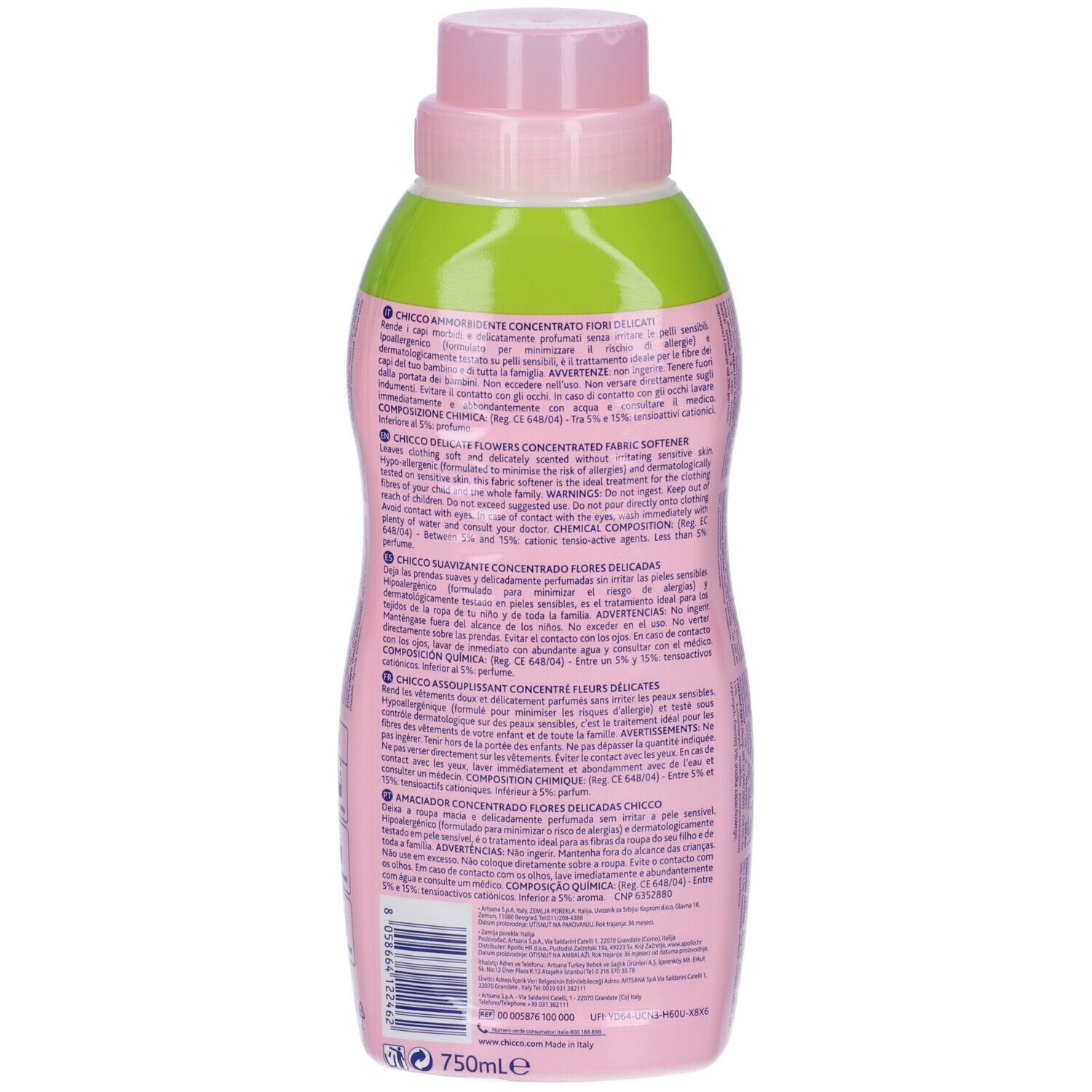 Flacone rosa con testo. Tappo verde. Scritta: Chicco Sensitive, Ammorbidente Concentrato. 750ml.