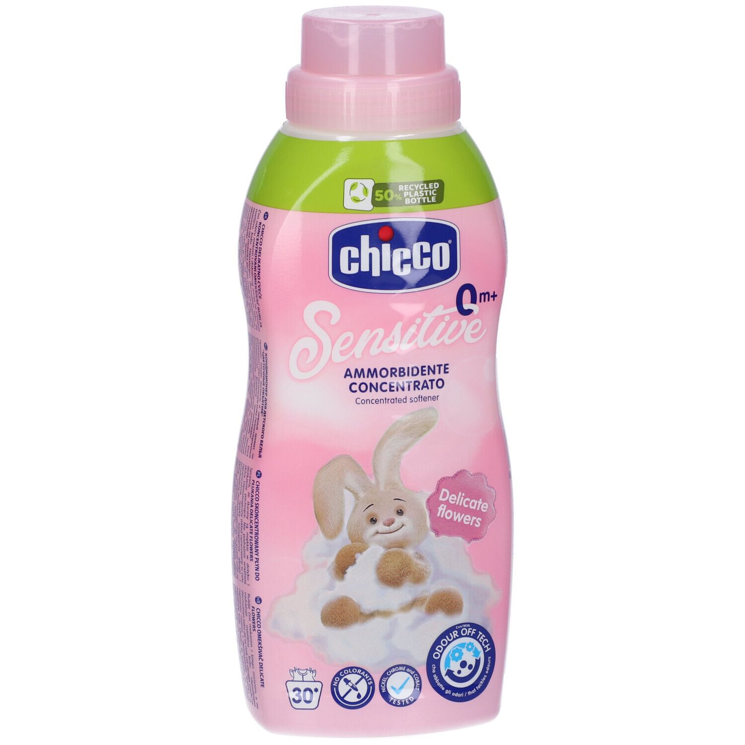 Flacone rosa con tappo rosa. Scritta: Chicco Sensitive, Ammorbidente Concentrato. Immagine di un coniglio.