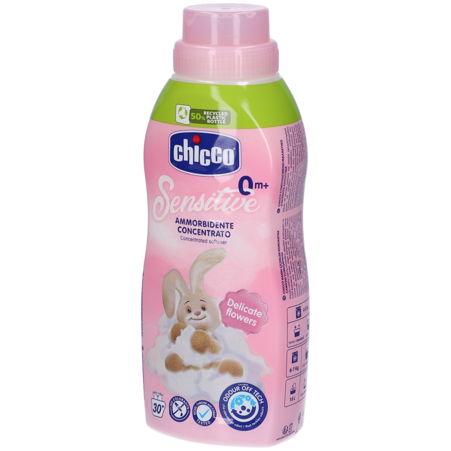 Flacone rosa con tappo rosa. Scritta: Chicco Sensitive, Ammorbidente Concentrato. Immagine di un coniglio.