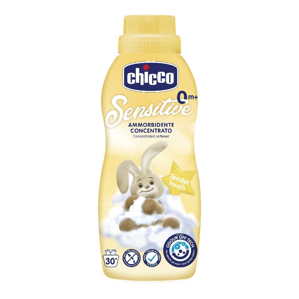 Bottiglia gialla di ammorbidente "Chicco Sensitive". Immagine di un coniglio su una nuvola. "Tender touch" e 30 lavaggi.