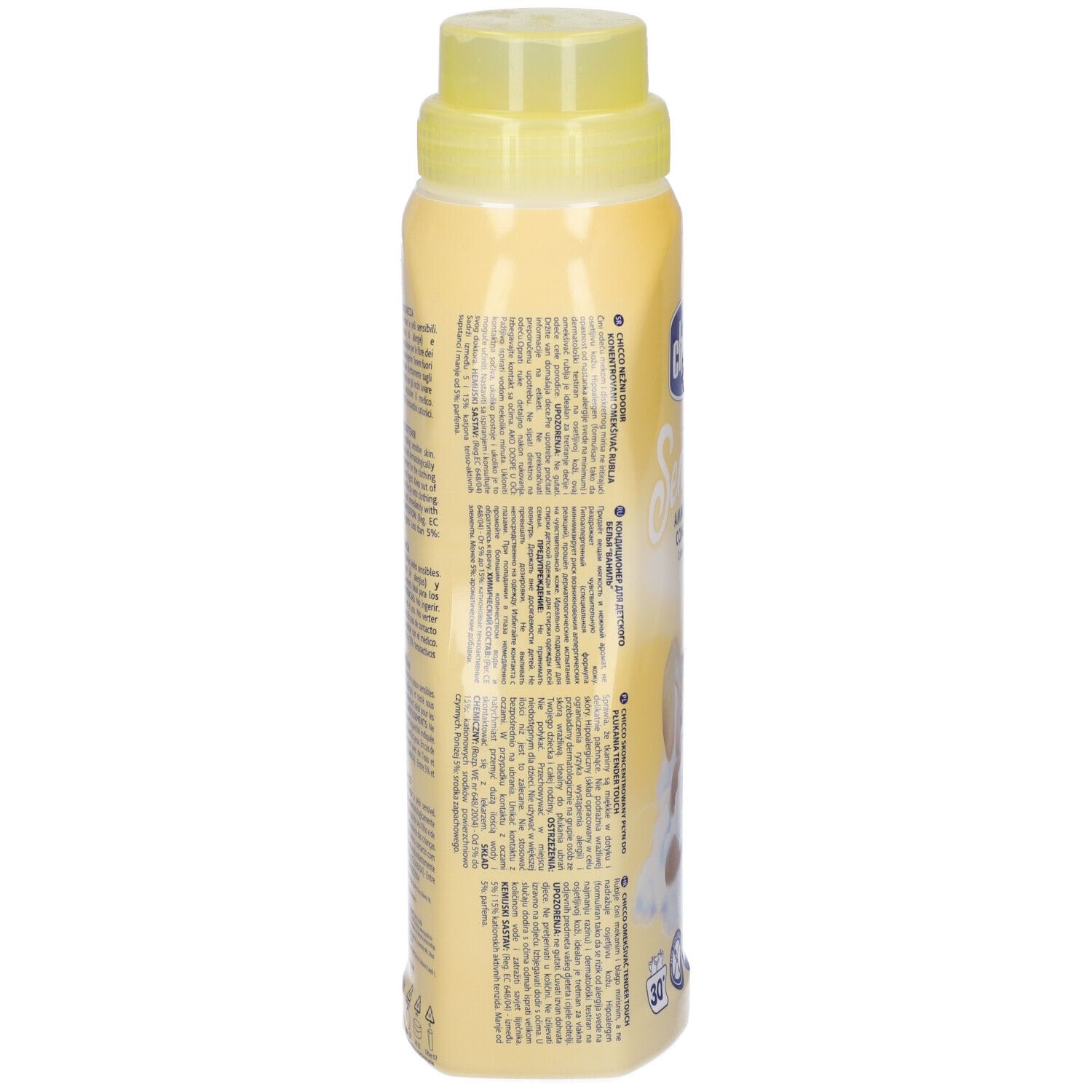 Bottiglia gialla di ammorbidente "Chicco Sensitive". Testo sul retro. Tappo giallo.