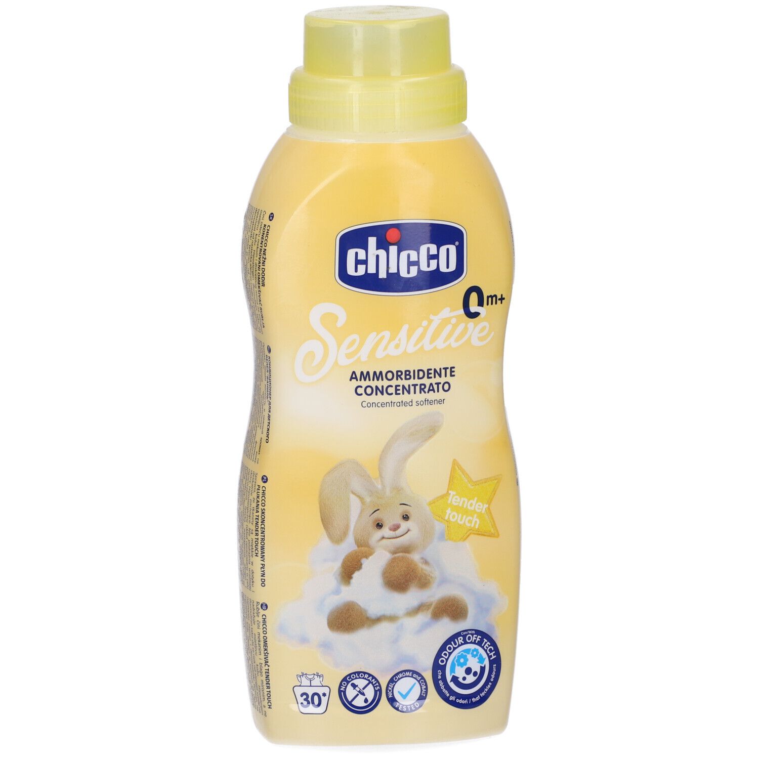 Bottiglia gialla di ammorbidente "Chicco Sensitive". Immagine di un coniglio su una nuvola. "Tender touch" e 30 lavaggi.