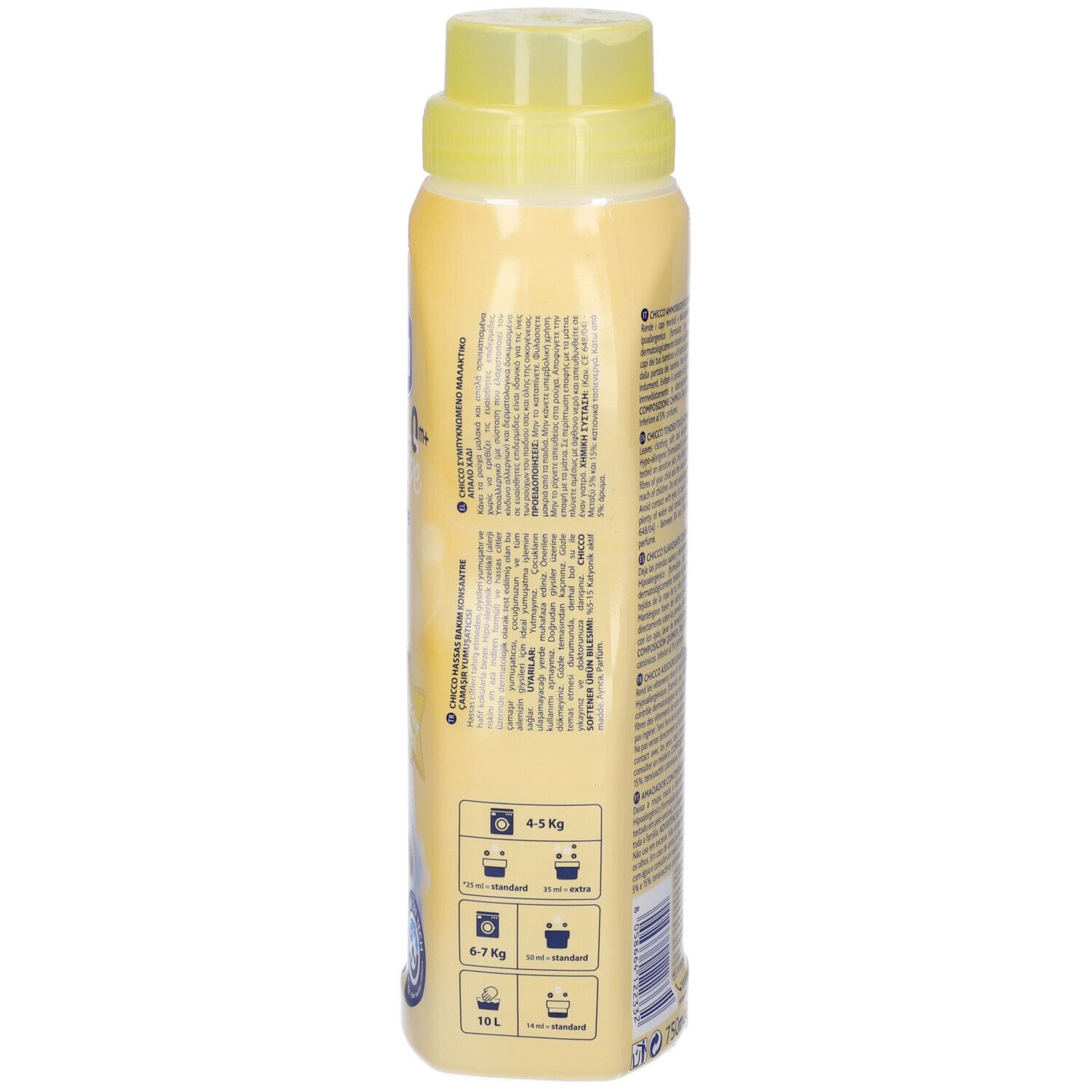 Retro della bottiglia gialla di ammorbidente "Chicco Sensitive". Testo e simboli di lavaggio. Tappo giallo.