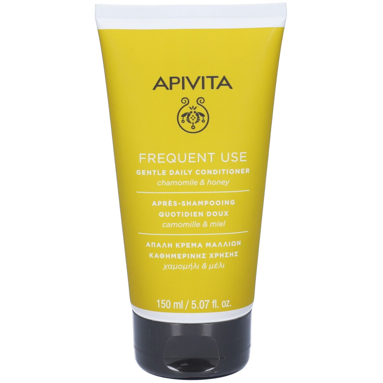 Tubo giallo con tappo nero. Scritte: APIVITA, FREQUENT USE, balsamo delicato uso frequente. 150 ml.