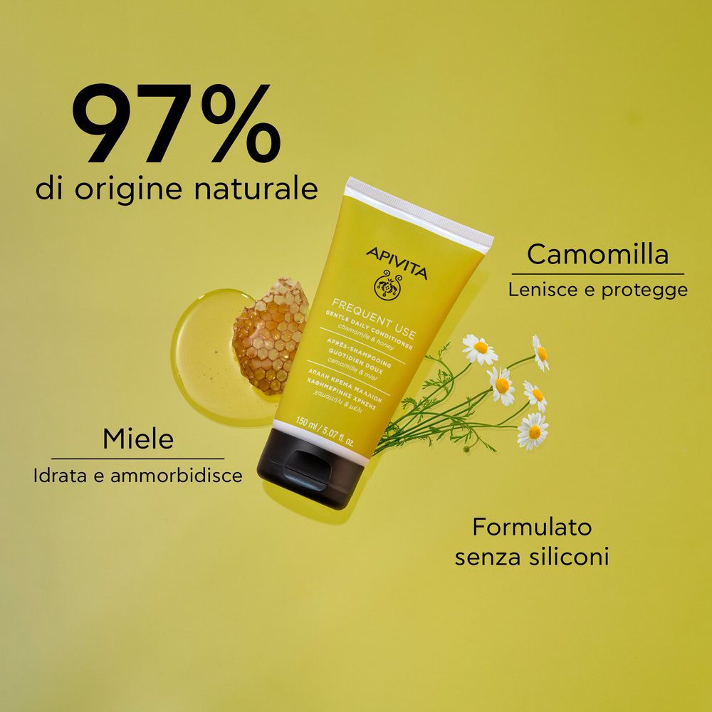 Tubo giallo con testo APIVITA, FREQUENT USE. 97% di origine naturale. Miele e camomilla illustrati.