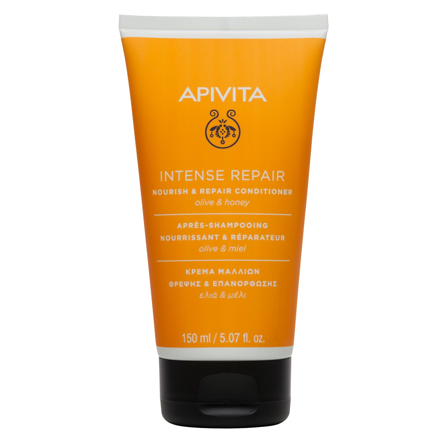 Tube jaune avec bouchon noir. Inscription: APIVITA, INTENSE REPAIR Conditioner, olive & honey. 150 ml.