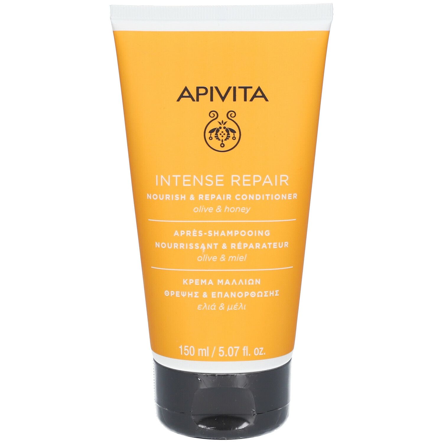 Tube jaune avec bouchon noir. Inscription: APIVITA, INTENSE REPAIR Conditioner, olive & honey. 150 ml.