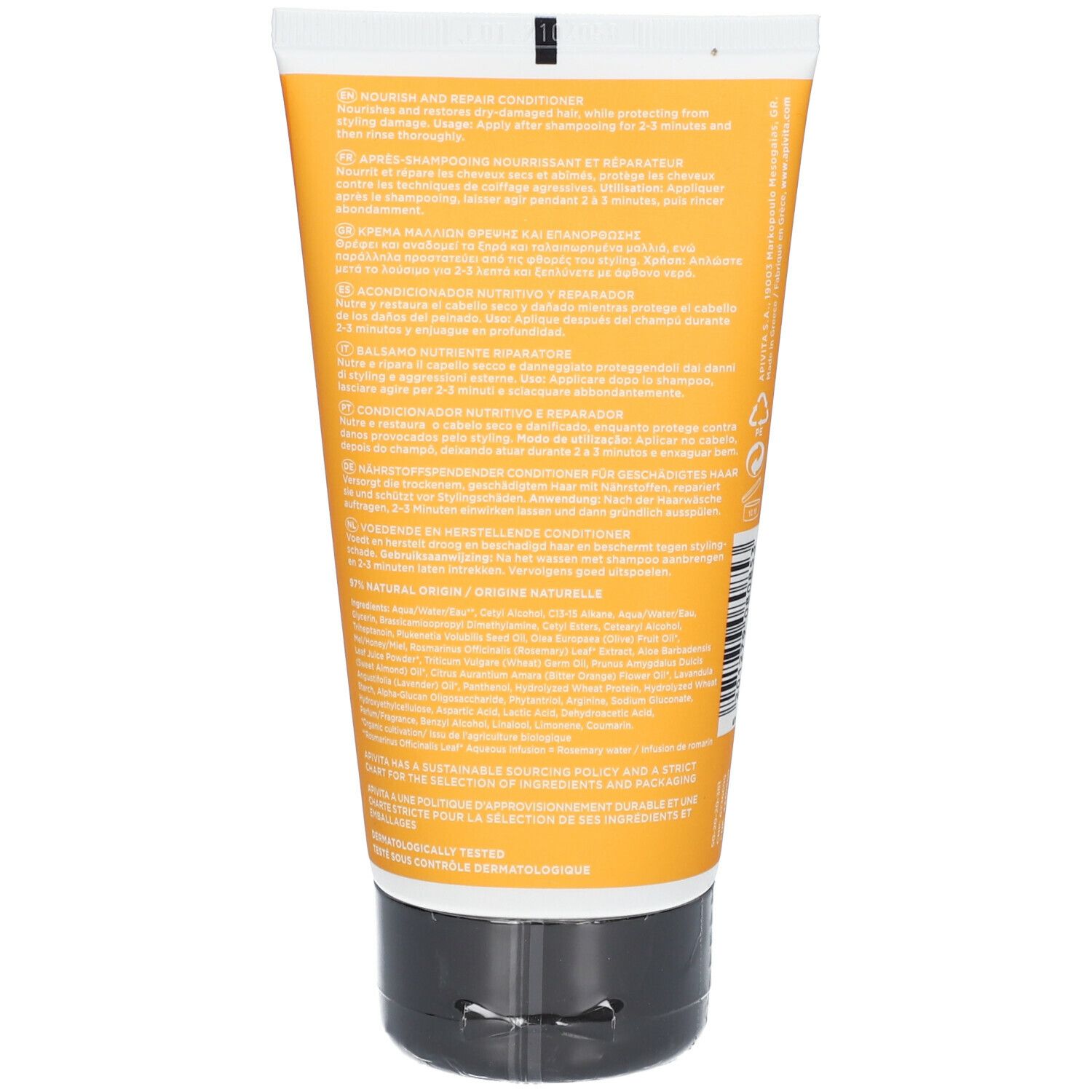 Dos d'un tube jaune avec bouchon noir. Texte en plusieurs langues. Inscription: APIVITA, INTENSE REPAIR Conditioner.