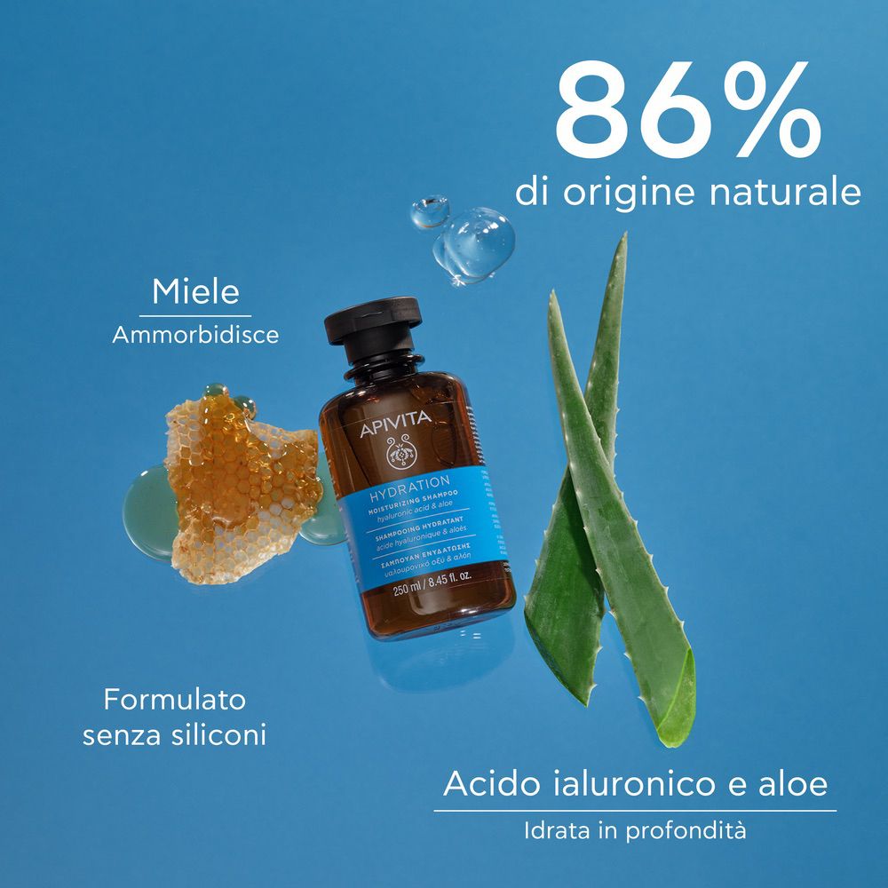 Flacone prodotto, favo e foglie di aloe su sfondo blu. Testo: 86% di origine naturale.