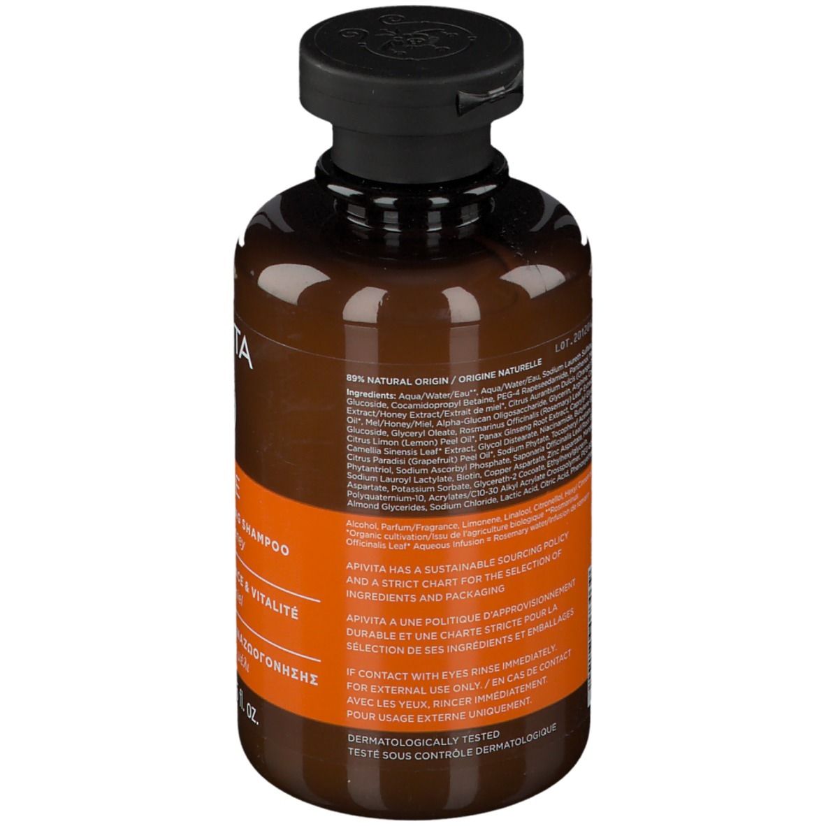 Retro del flacone di shampoo marrone. Testo: ingredienti, politiche APIVITA, dermatologicamente testato.