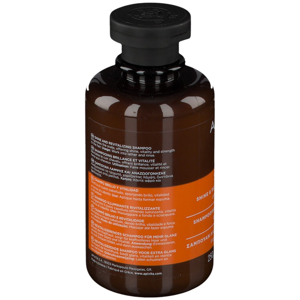 Retro del flacone di shampoo marrone. Testo multilingue: shampoo, lucentezza, vitalità, forza.