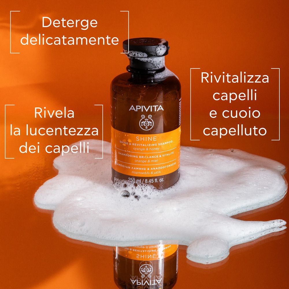 Flacone di shampoo nella schiuma. Testo: Deterge delicatamente, Rivitalizza capelli e cuoio capelluto, Rivela la lucentezza.