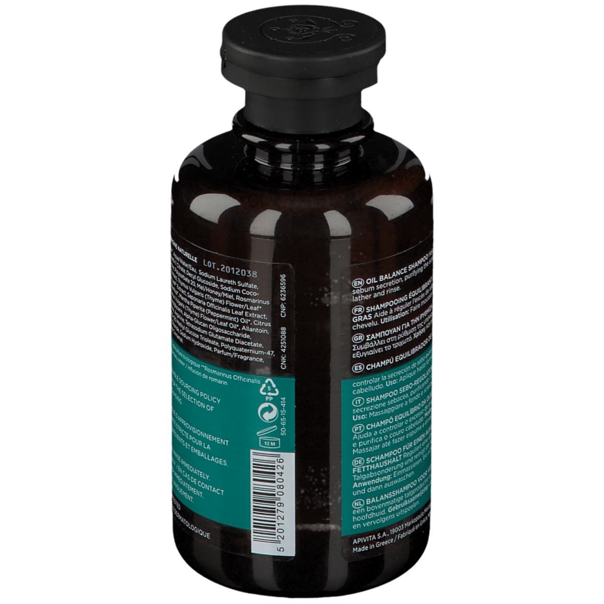 Dos d'un flacon brun avec bouchon noir. Texte sur étiquette turquoise et fond blanc. Ingrédients.