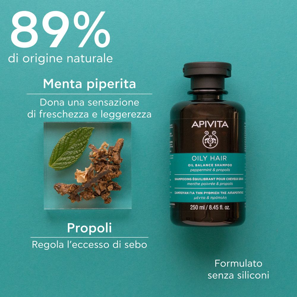 Flacon et ingrédients. Textes: 89% d'origine naturelle, Menta piperita, Propoli, Formule sans silicones.
