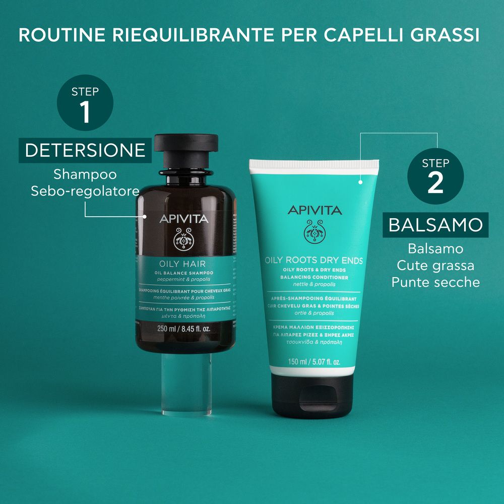 Deux flacons. Texte: ROUTINE RIEQUILIBRANTE PER CAPELLI GRASSI. Étape 1: Shampooing. Étape 2: Baume.