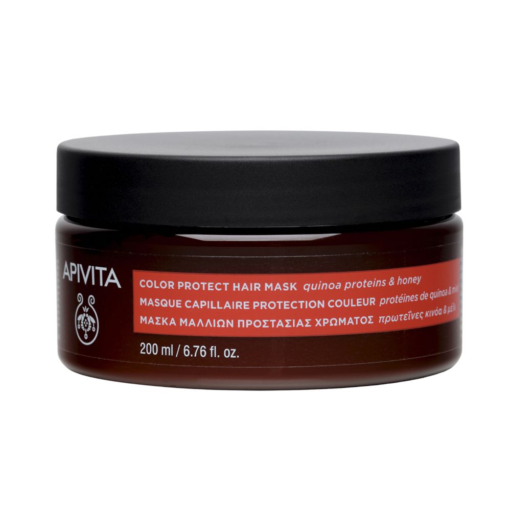 Barattolo marrone con coperchio nero. Scritta: APIVITA, Color Protect Hair Mask. 200 ml.