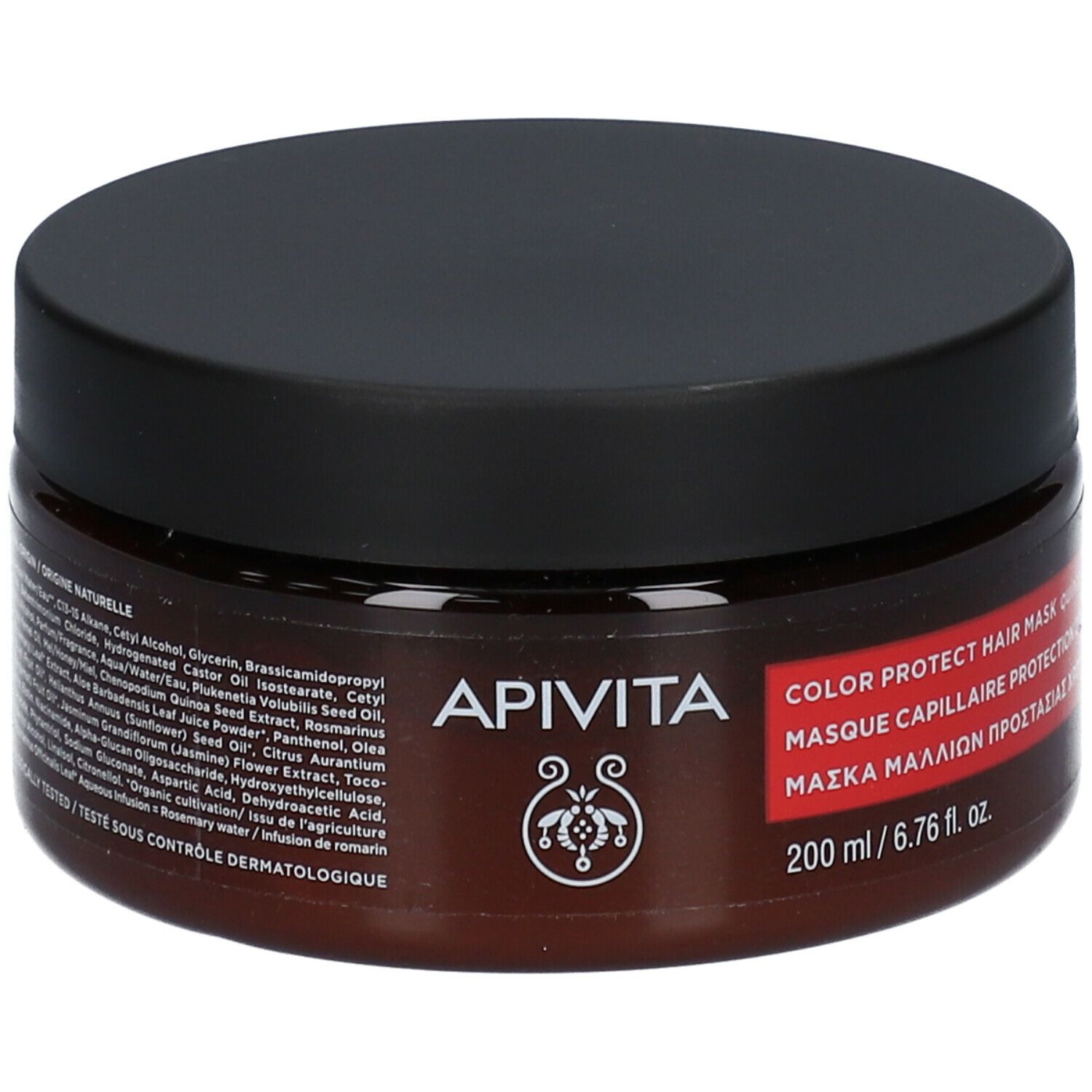 Barattolo marrone con coperchio nero. Scritta: APIVITA, Color Protect Hair Mask. 200 ml.