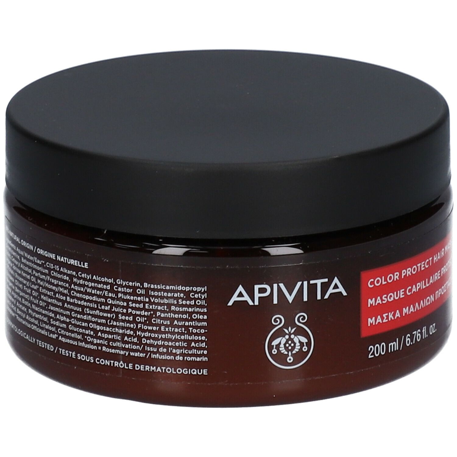 Barattolo marrone con coperchio nero. Scritta: APIVITA, Color Protect Hair Mask. 200 ml.