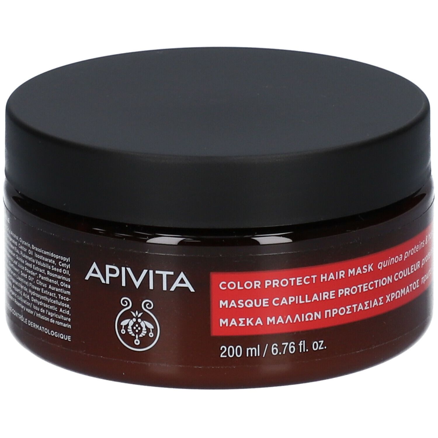 Barattolo marrone con coperchio nero. Scritta: APIVITA, Color Protect Hair Mask. 200 ml.