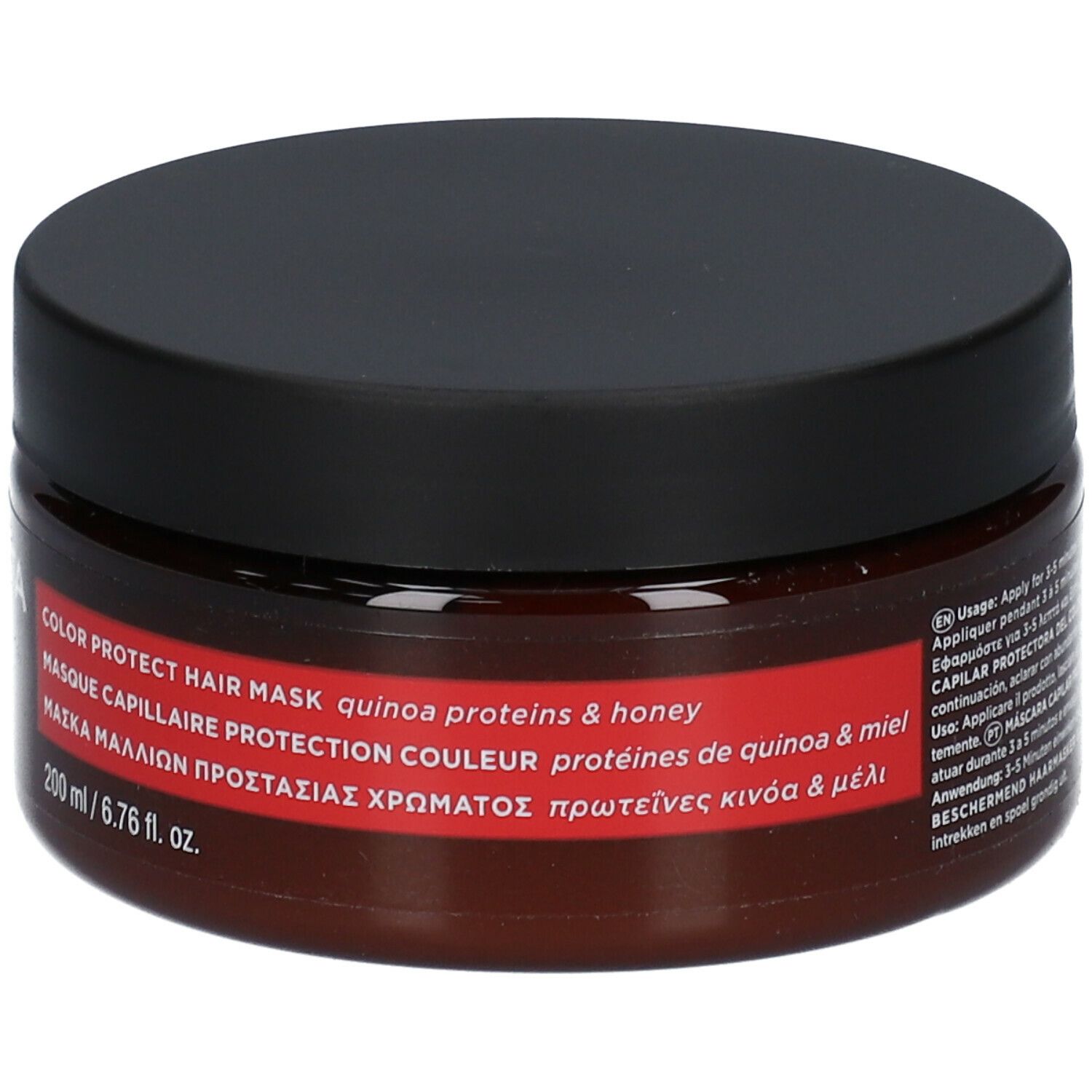 Barattolo marrone con coperchio nero. Scritta: APIVITA, Color Protect Hair Mask. 200 ml.