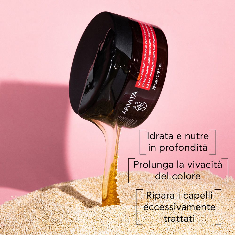 Prodotto versato da un barattolo marrone. Testo: Idratata e nutre in profondità, Prolunga la vivacità del colore, Ripara i capelli.