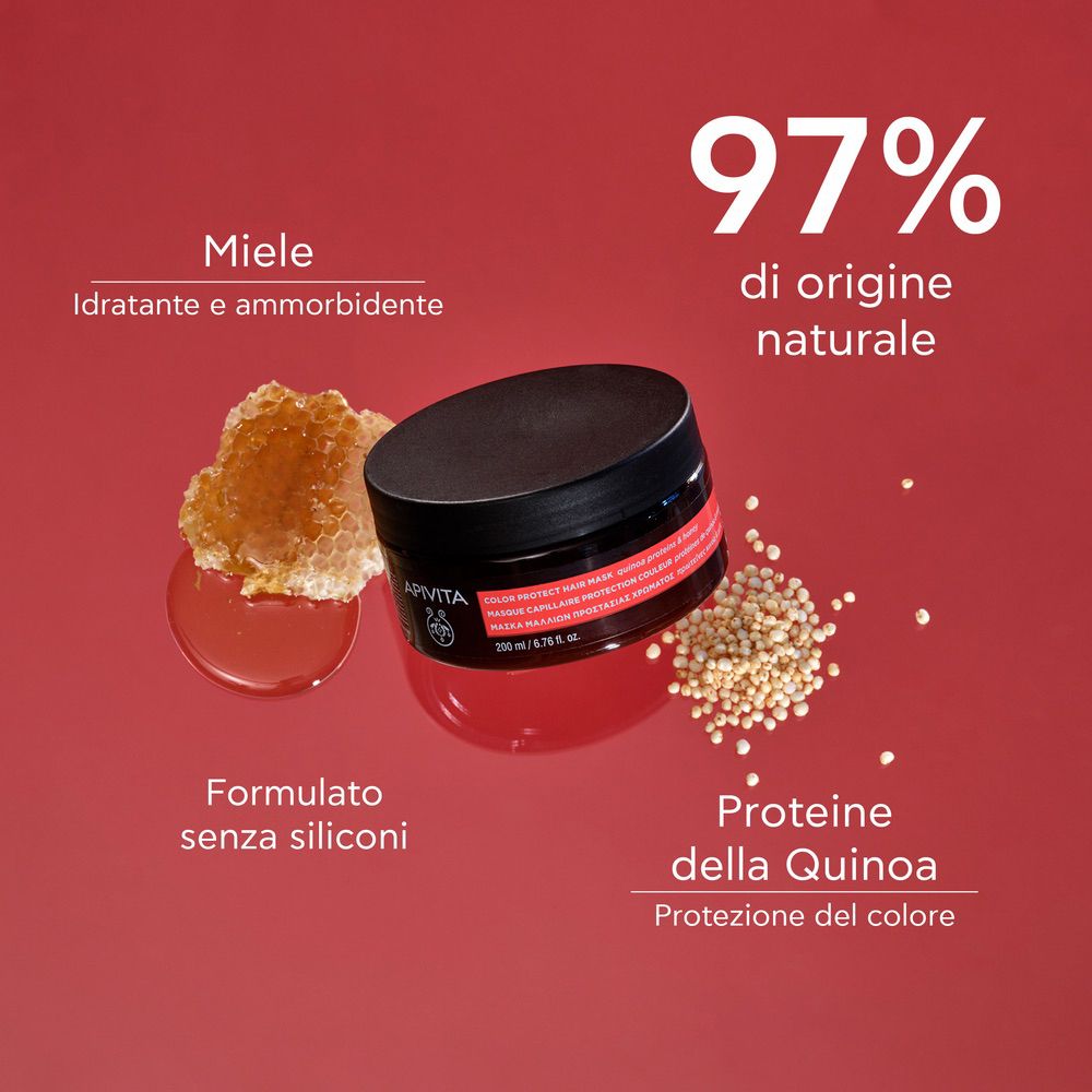 Barattolo marrone con coperchio nero. Testo: 97% di origine naturale, Miele, Proteine della Quinoa. Senza siliconi.