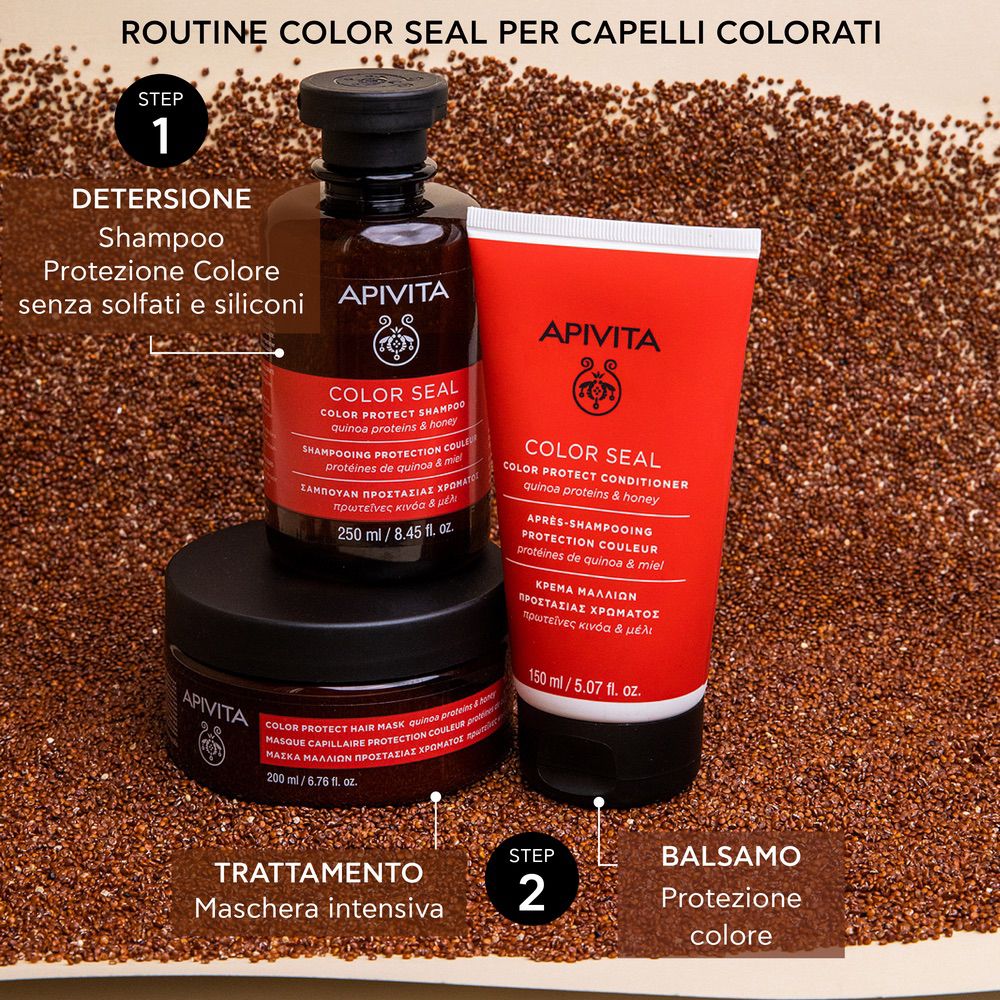 Tre prodotti: shampoo, balsamo e maschera. Testo: Color Seal, Shampoo, Conditioner, Maschera intensiva, Balsamo.