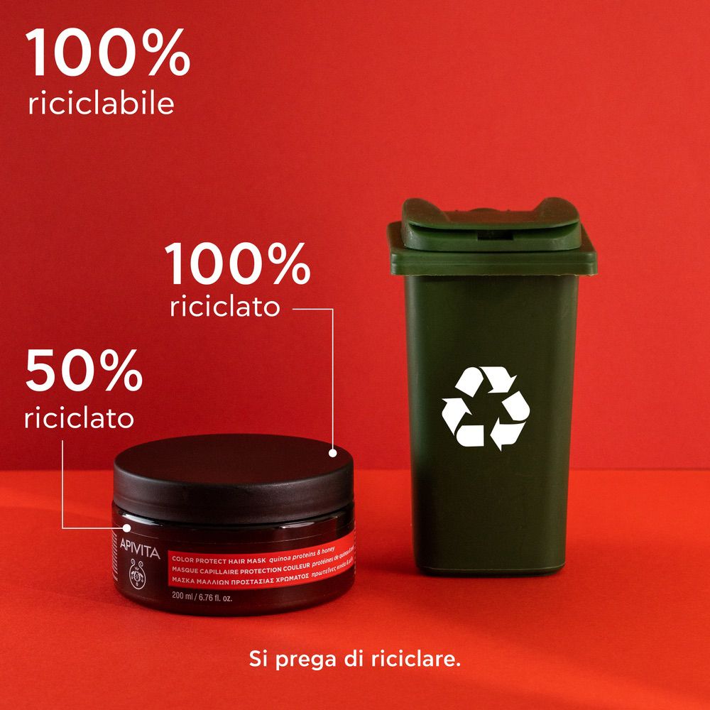 Barattolo marrone con coperchio nero e simboli di riciclaggio. Testo: 100% riciclabile, 100% riciclato, 50% riciclato.