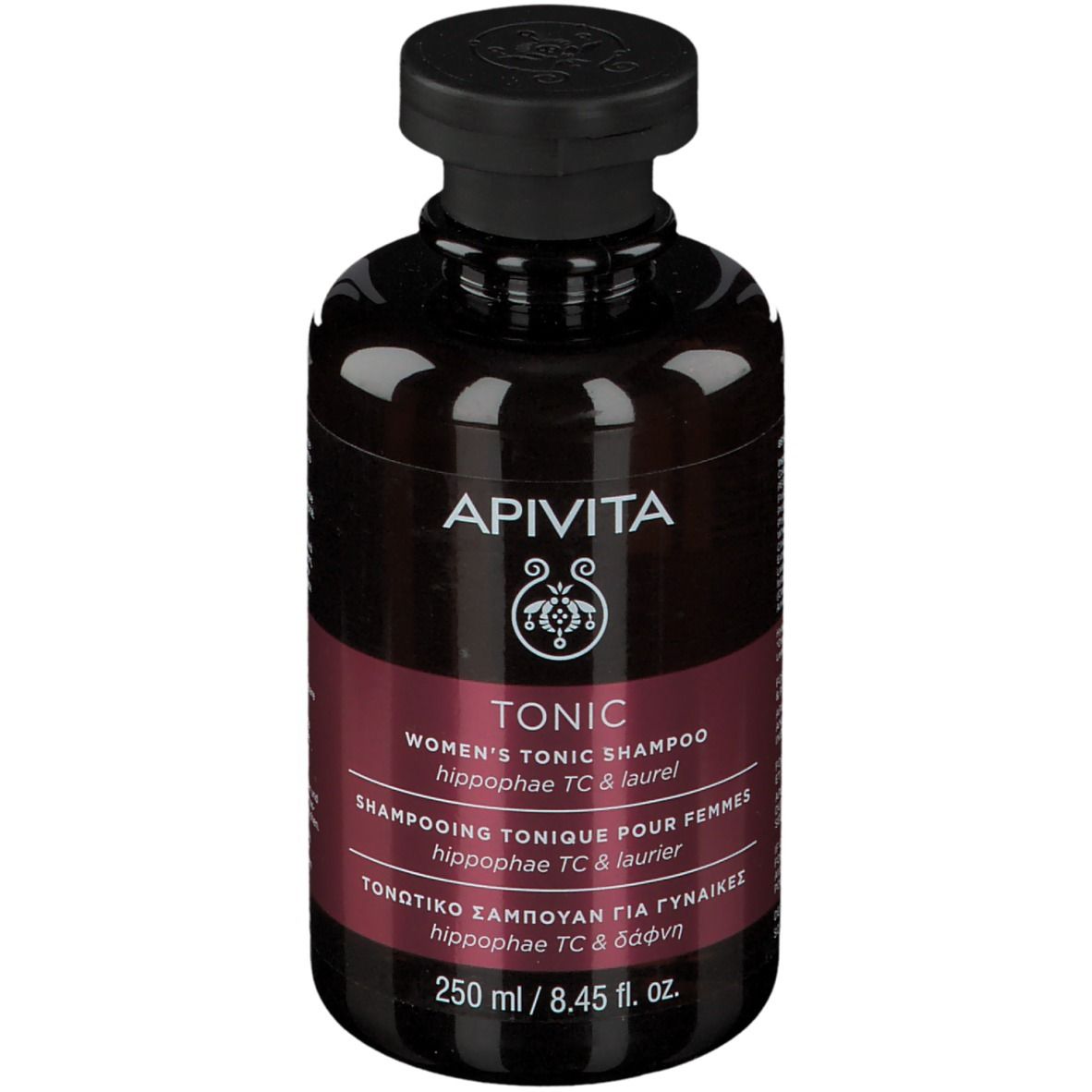 Flacone marrone con tappo nero. Scritta: APIVITA TONIC Shampoo per donne.