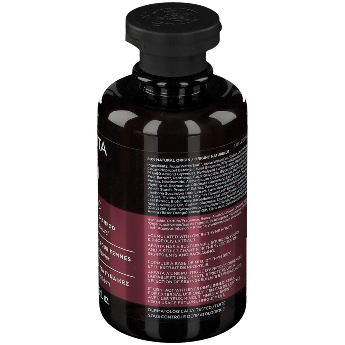 Retro del flacone. Testo: Ingredienti, istruzioni per l'uso, dermatologicamente testato.