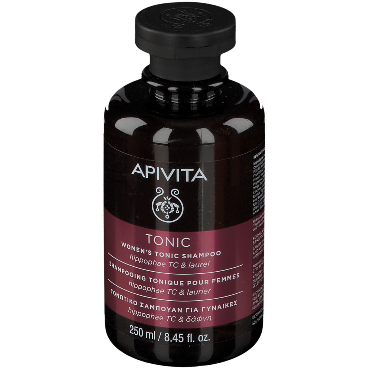 Flacone marrone con tappo nero. Scritta: APIVITA TONIC Shampoo per donne.