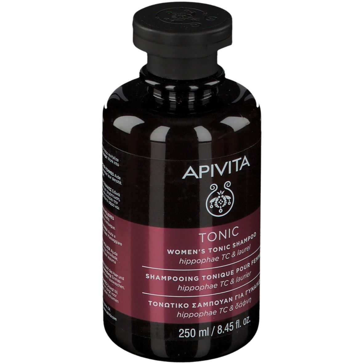 Flacone marrone con tappo nero. Scritta: APIVITA TONIC Shampoo per donne.