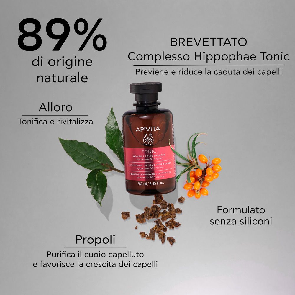 Flacone con ingredienti. Testo: 89% origine naturale, Complesso Hippophae Tonic.