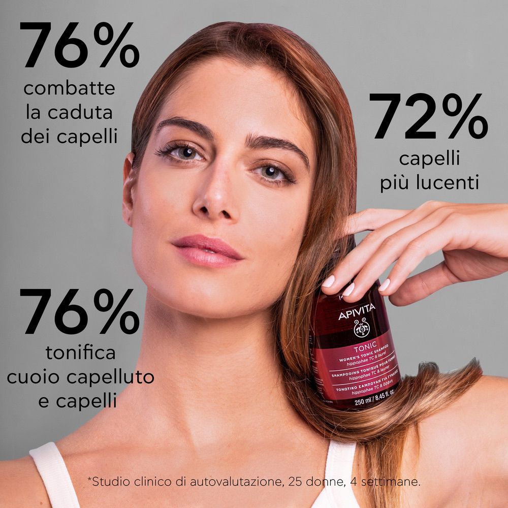 Donna con capelli. Testo: 76% meno caduta, 72% capelli più lucenti, 76% cuoio capelluto.
