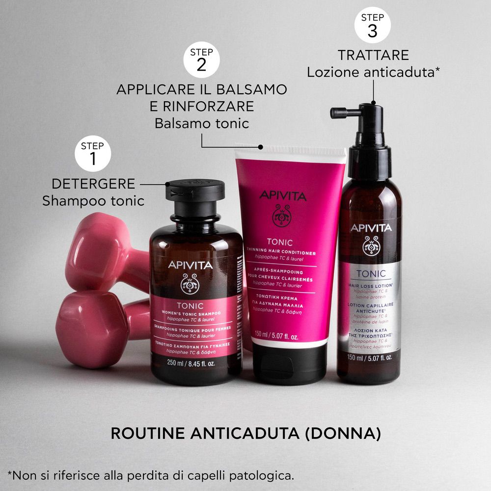 Tre prodotti. Testo: Shampoo, balsamo, lozione anticaduta. Manubri rosa.