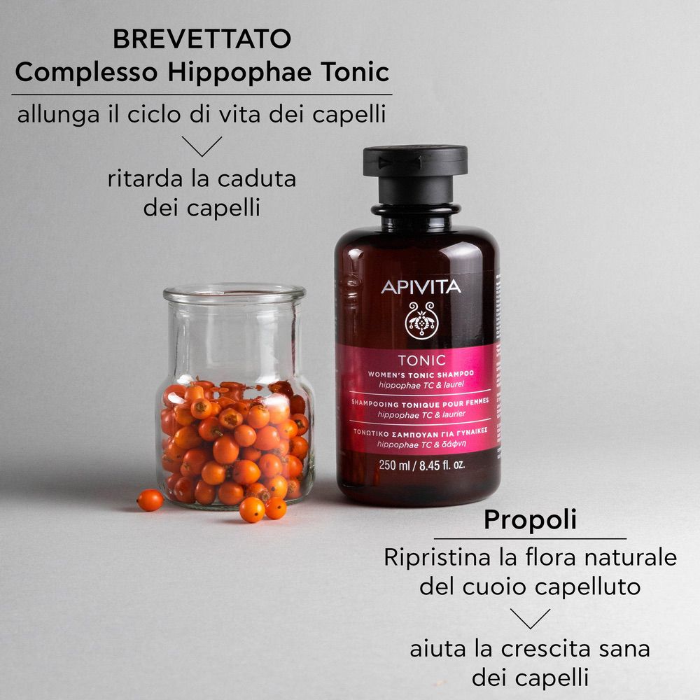 Flacone con ingredienti. Testo: Complesso Hippophae Tonic, rallenta la caduta.
