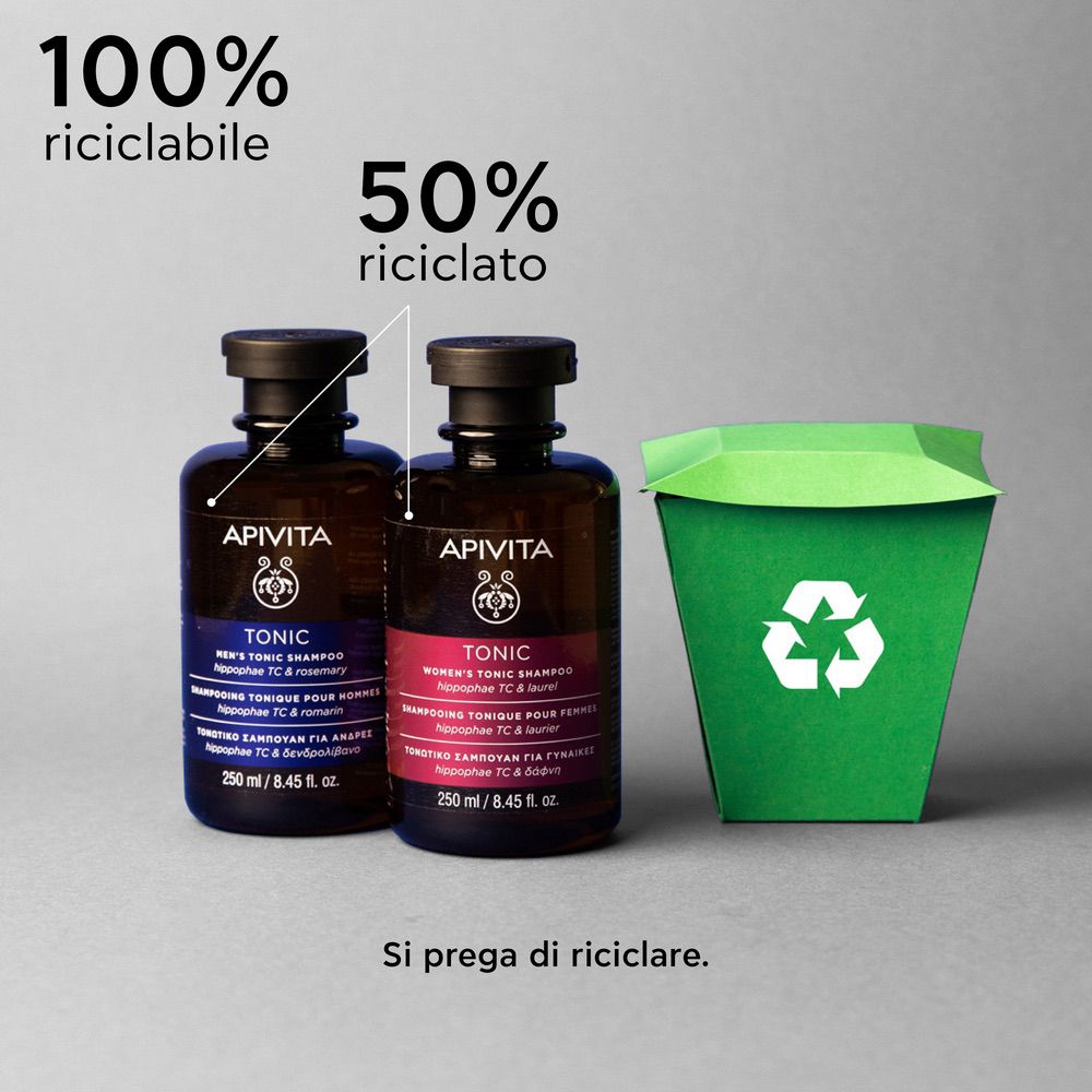 Due flaconi e un cestino. Testo: 100% riciclabile, 50% riciclato. Si prega di riciclare.