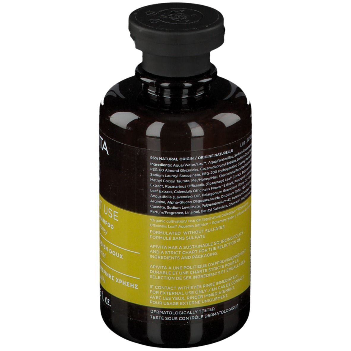 Retro del flacone di shampoo. Testo con ingredienti e informazioni. Marchio: APIVITA.