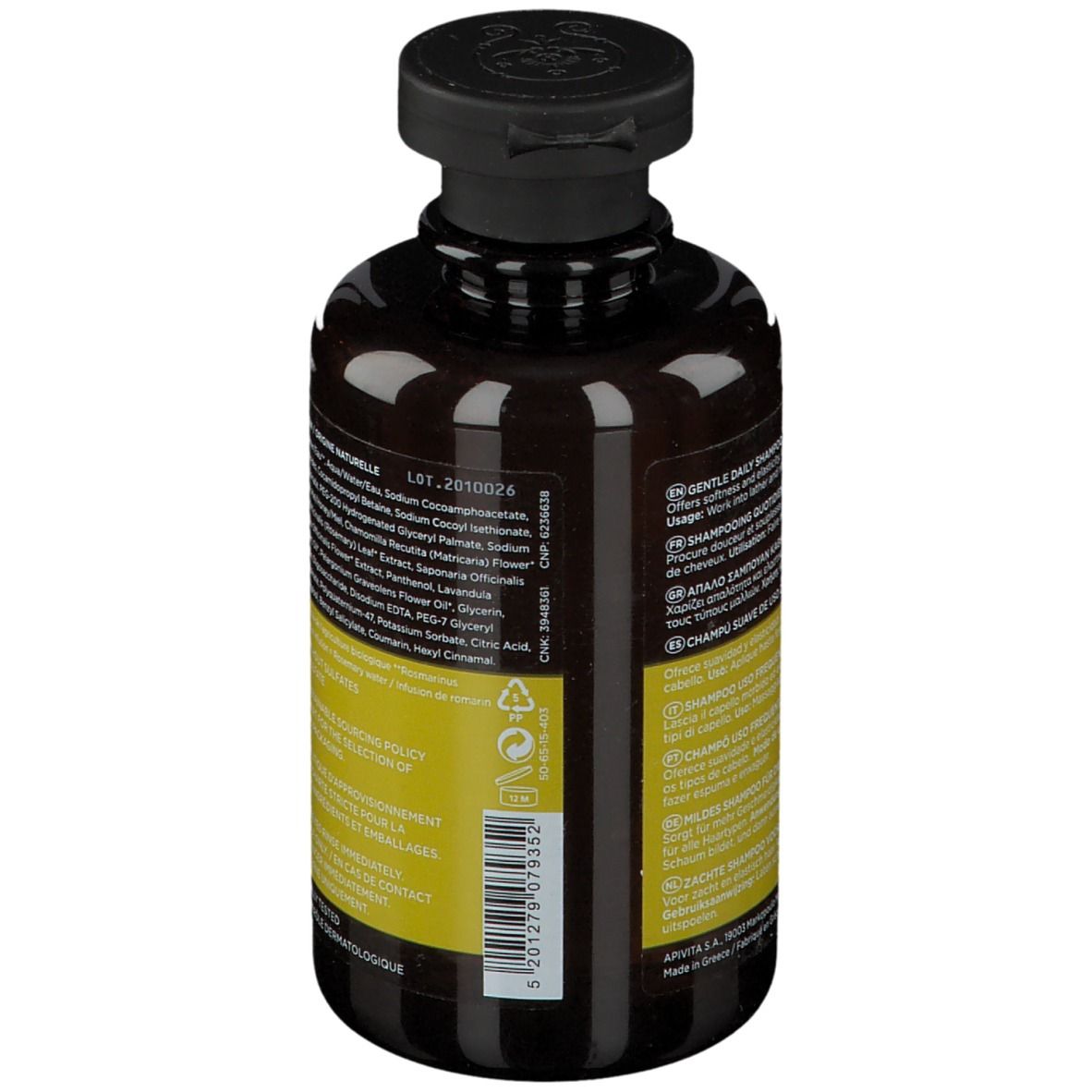 Retro del flacone di shampoo. Testo con ingredienti e informazioni. Marchio: APIVITA.