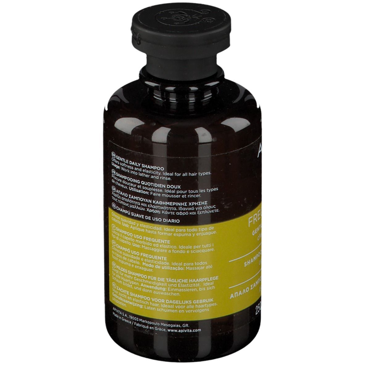 Retro del flacone di shampoo. Testo con informazioni. Marchio: APIVITA.