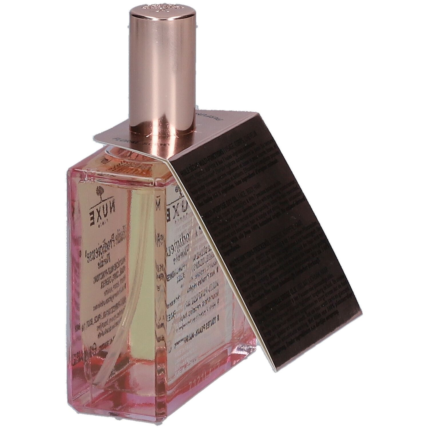 Flacone in vetro con olio rosato ed etichetta. Scritta: Nuxe Huile Prodigieuse Florale. Tappo rosa.