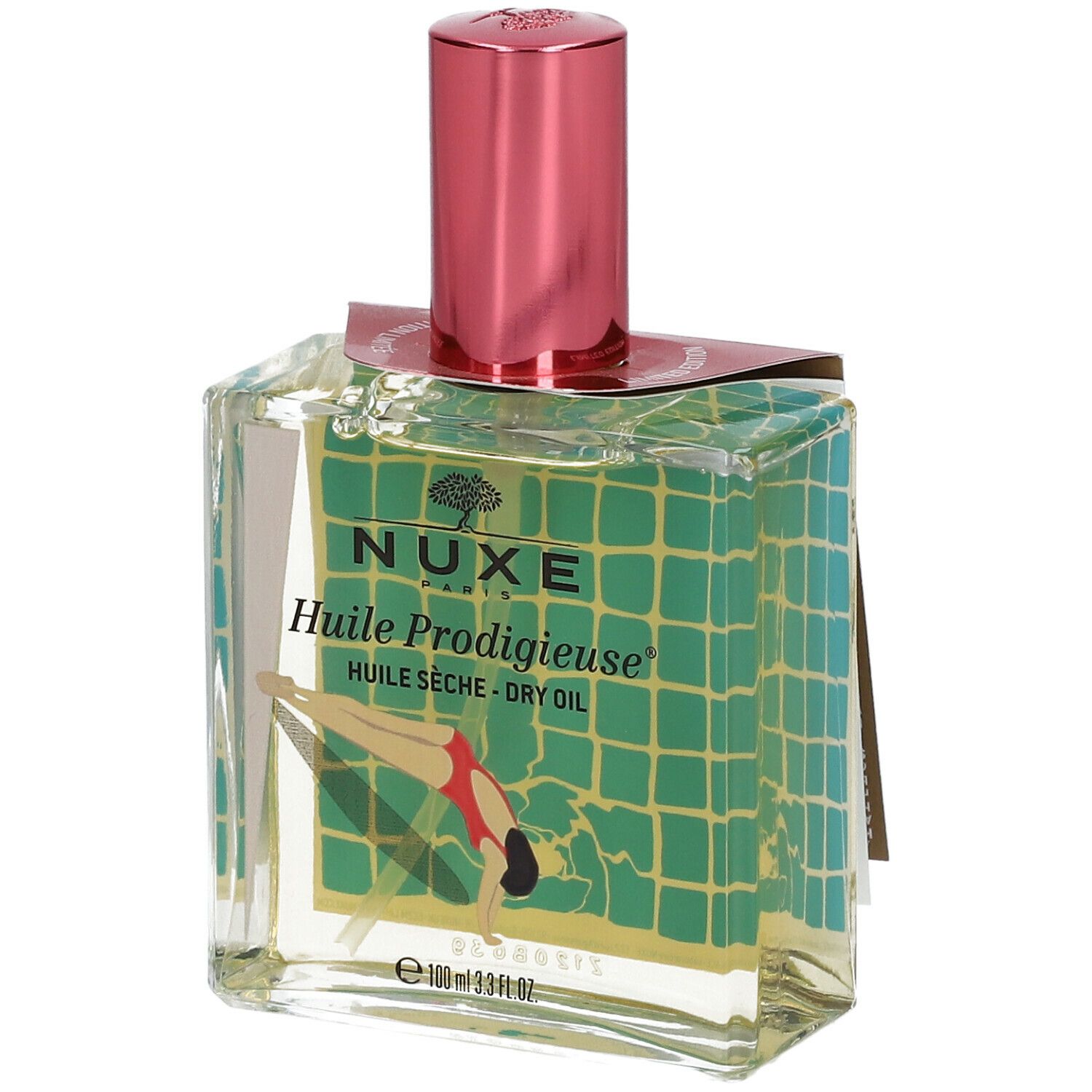 Glasflasche mit pinkfarbenem Deckel. Aufdruck: Nuxe Huile Prodigieuse, Frau beim Schwimmen. Grün-gelber Hintergrund. Etikett.