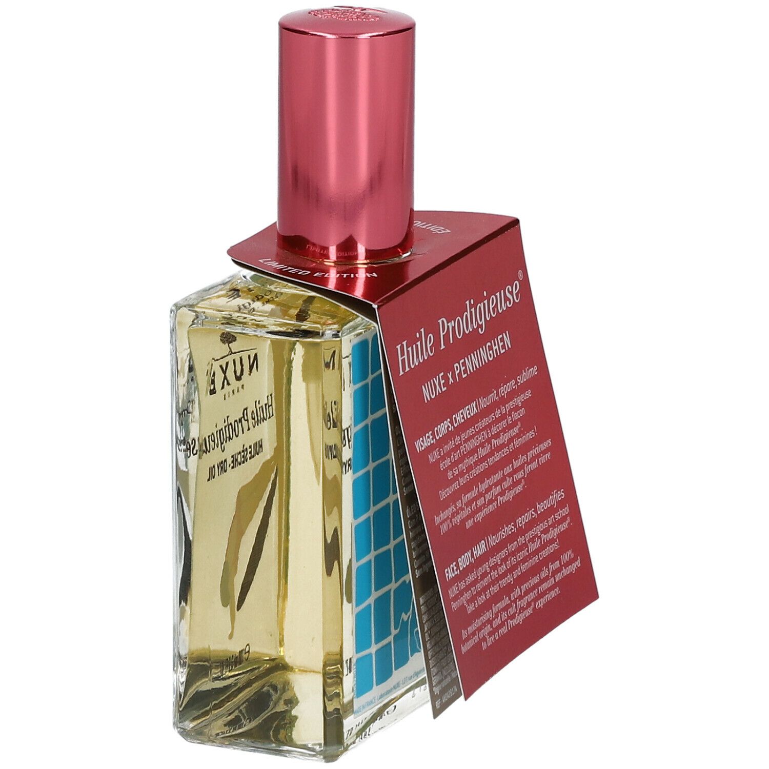 Glasflasche mit pinkfarbenem Deckel. Aufdruck: Nuxe Huile Prodigieuse, Frau beim Schwimmen. Grün-gelber Hintergrund. Etikett.