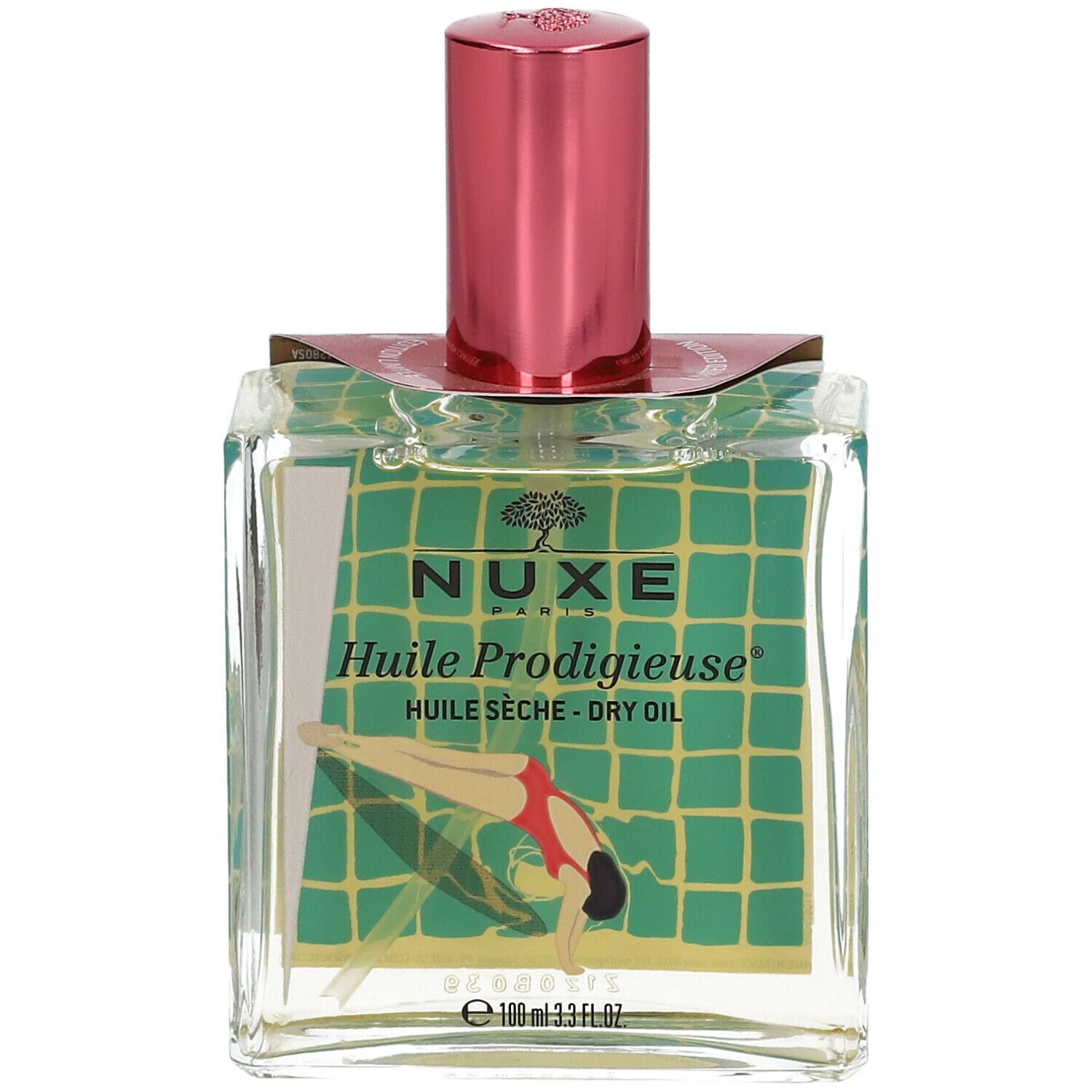Glasflasche mit pinkfarbenem Deckel. Aufdruck: Nuxe Huile Prodigieuse, Frau beim Schwimmen. Grün-gelber Hintergrund. Etikett.